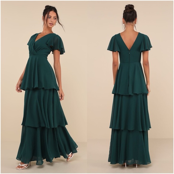 LULU’S Sincerely Exquisite Emerald Green Short Sleeve Tiered Maxi Dress - Picture 1 of 5
